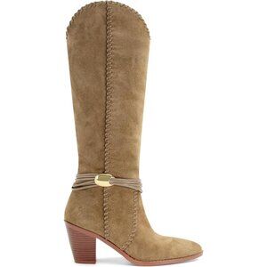 Women's Camel Suede Cowboy Pointed Toe Knee High Chunky Stylish Comfortable Heel